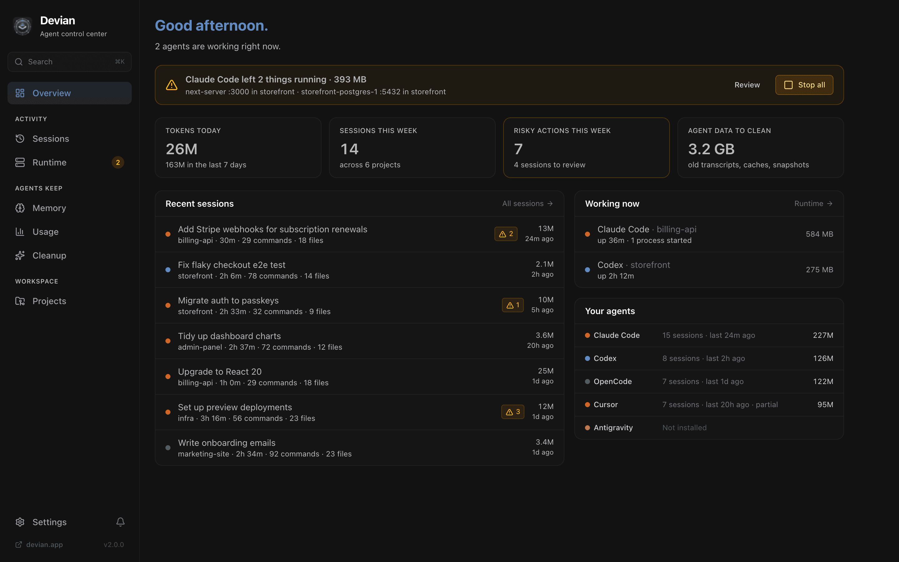 Devian overview dashboard showing recent Claude Code and Codex sessions, agents working now, tokens used today and leftover processes to stop